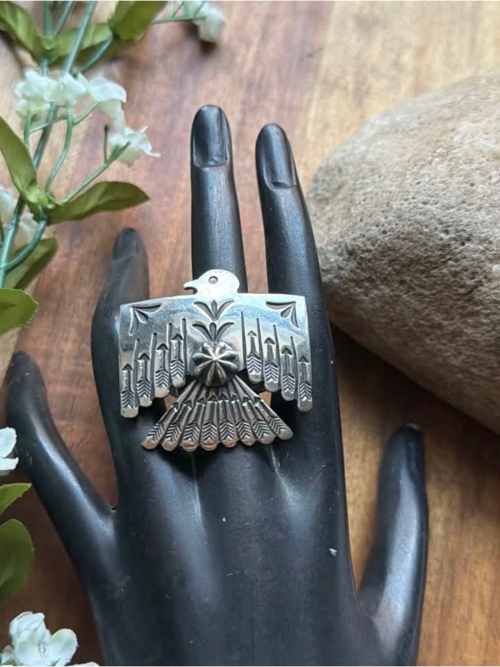 Navajo Sterling Silver Thunderbird Stamped Adjustable Ring Sunshine Reeves - Picture 2 of 12